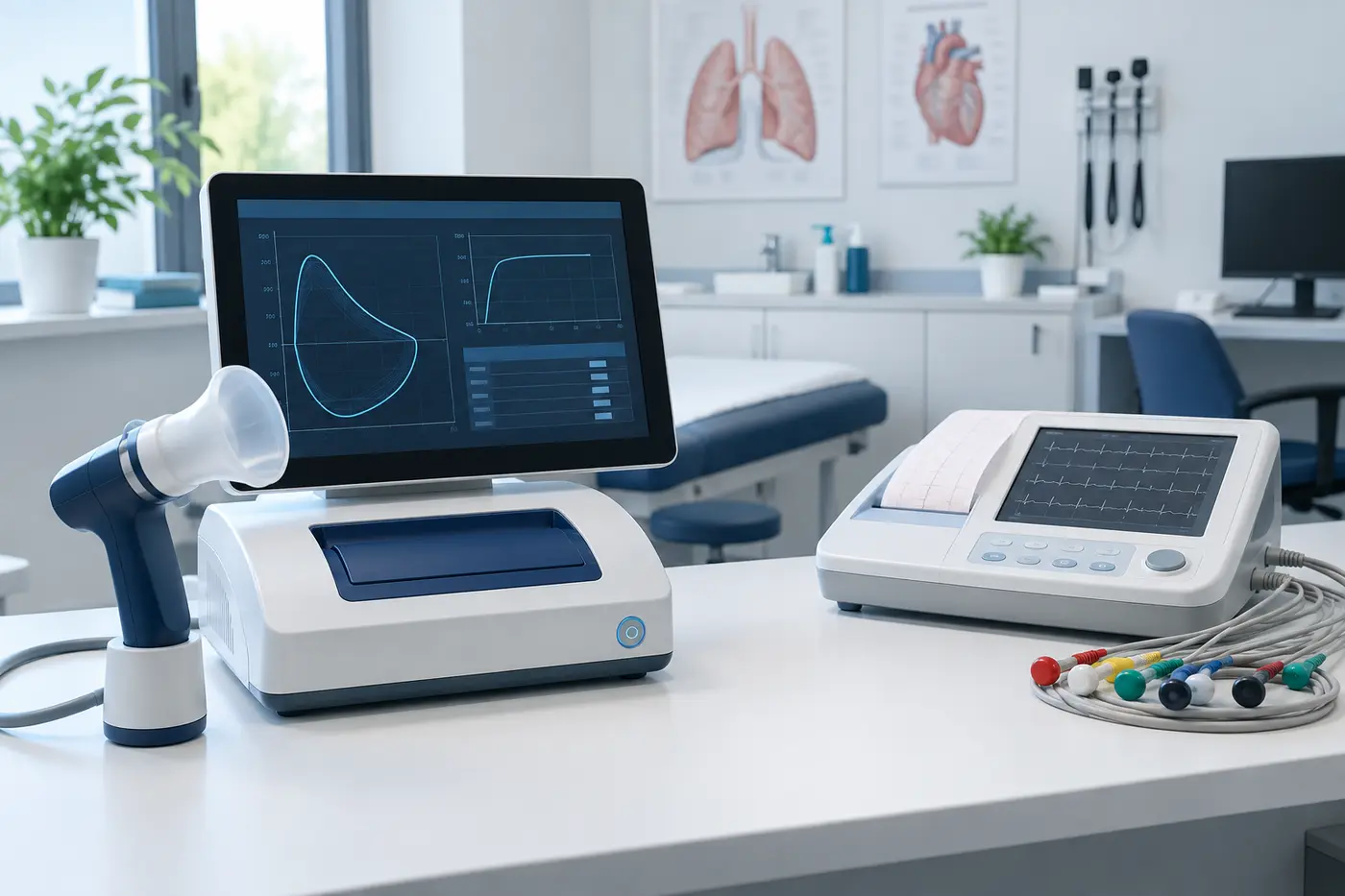Spirometr i aparat EKG w nowoczesnym gabinecie lekarskim